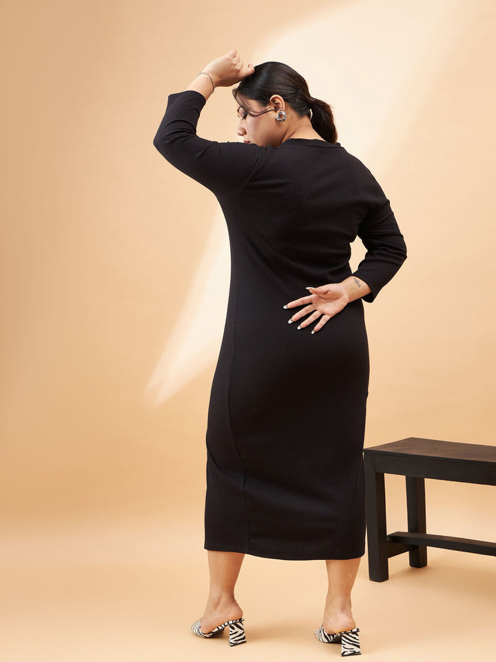 Black Rib Front Button V-Neck Midi Dress-SASSAFRAS Curve