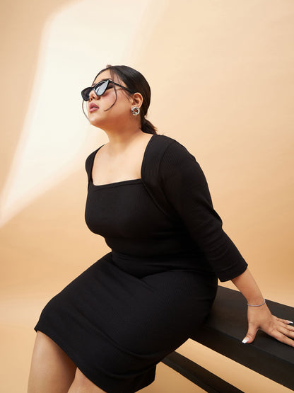 Plus size women's Black Polycotton Black Rib Square Neck Dress by Sassafras Curve for wholesale buyers, boutiques, resellers and bulk orders from