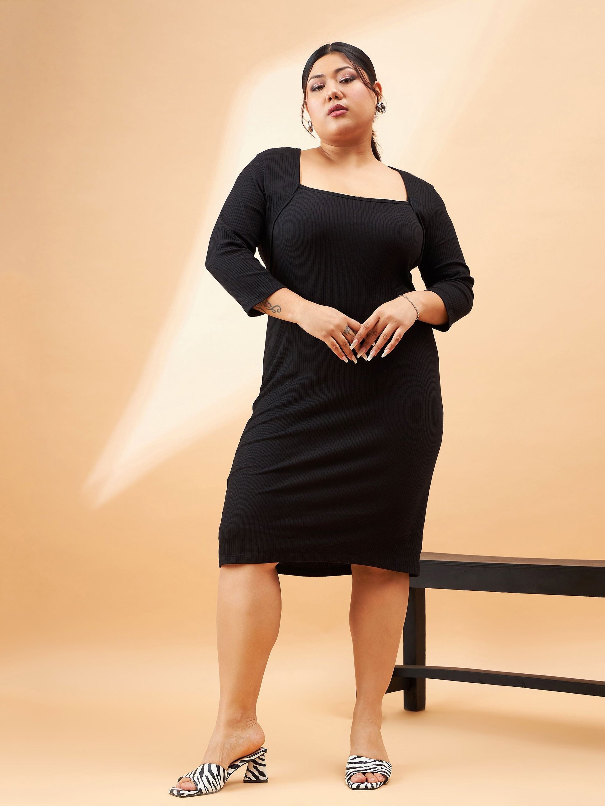 Black Rib Square Neck Dress-SASSAFRAS Curve