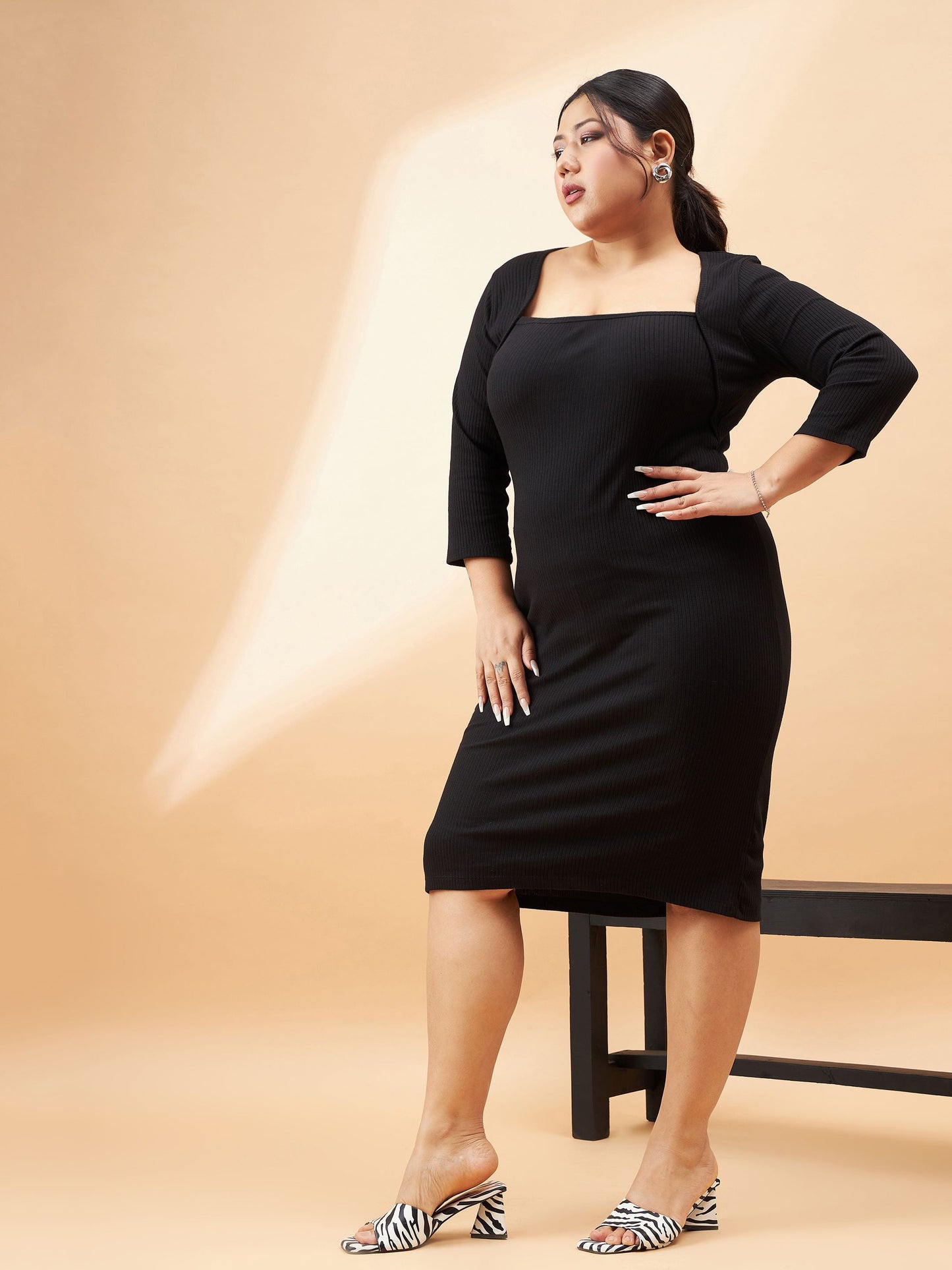 Black Rib Square Neck Dress-SASSAFRAS Curve