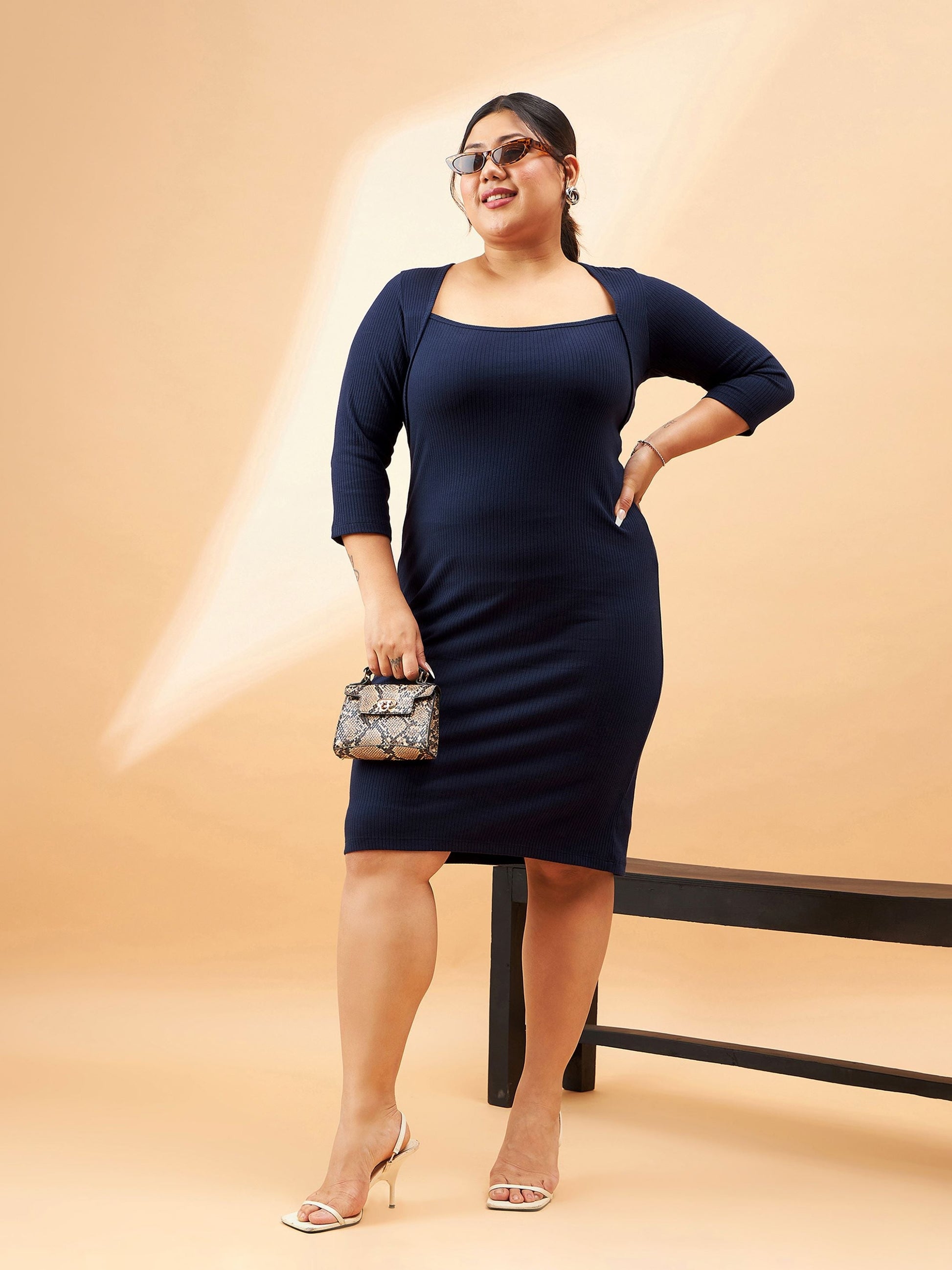 Plus size women's Navy Polycotton Navy Rib Square Neck Dress by Sassafras Curve for wholesale buyers, boutiques, resellers and bulk orders from