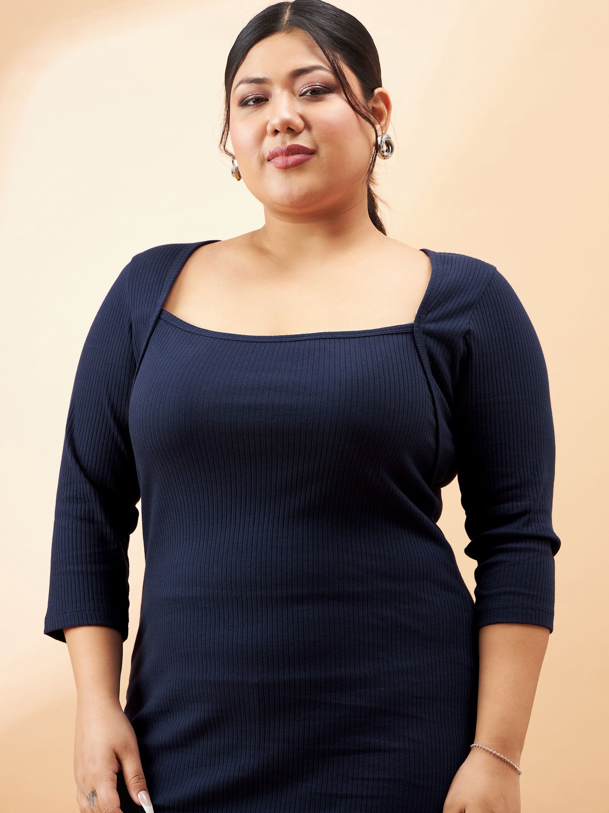 Navy Rib Square Neck Dress-SASSAFRAS Curve