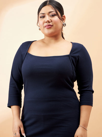 Navy Rib Square Neck Dress-SASSAFRAS Curve