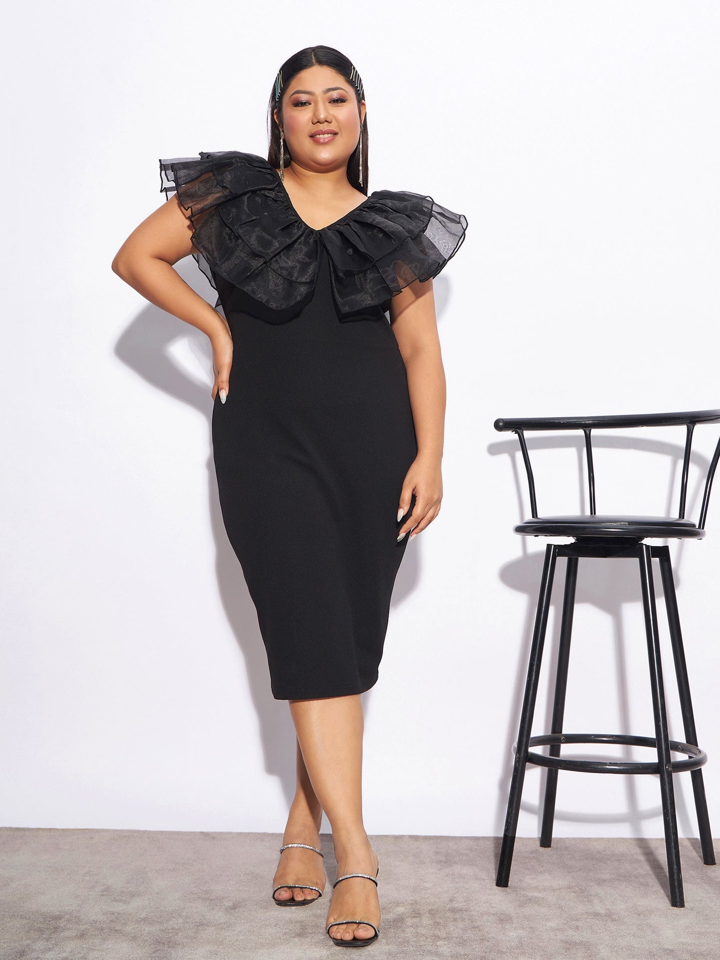 Plus size women's Black Karera Crepe Black Organza Frill Detail Bodycon Dress by Sassafras Curve for wholesale buyers, boutiques, resellers and bulk