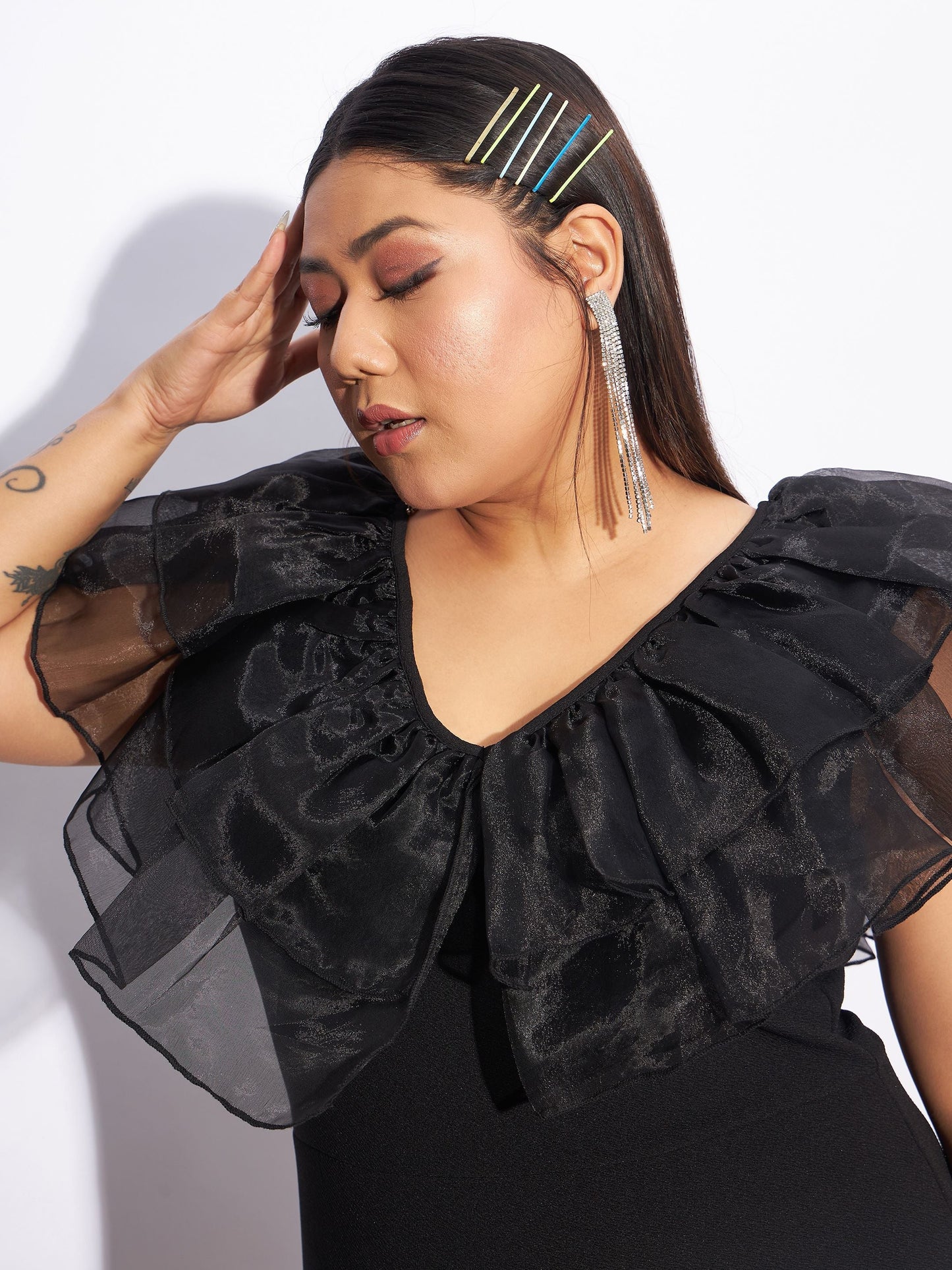 Black Organza Frill Detail Bodycon Dress-SASSAFRAS Curve