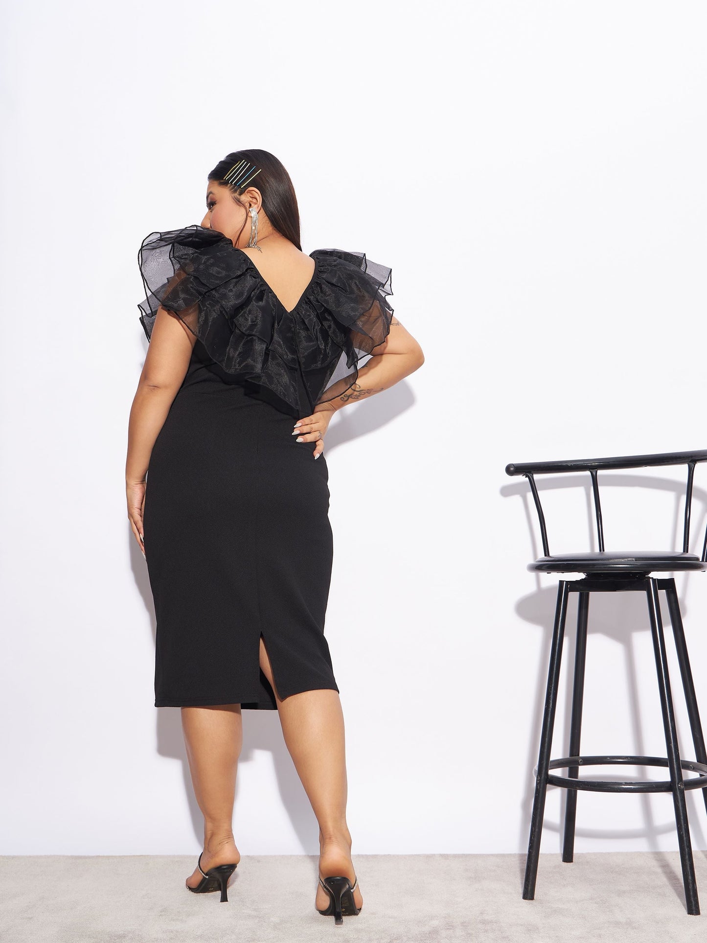 Black Organza Frill Detail Bodycon Dress-SASSAFRAS Curve