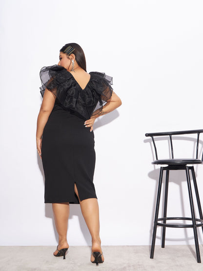 Black Organza Frill Detail Bodycon Dress-SASSAFRAS Curve