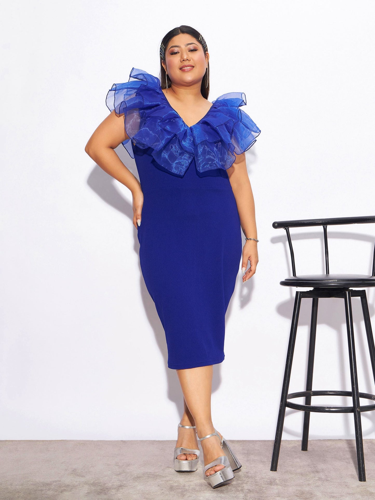 Plus size women's Blue Karera Crepe Royal Blue Organza Frill Detail Bodycon Dress by Sassafras Curve for wholesale buyers, boutiques, resellers and
