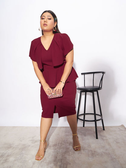 Maroon Front Peplum Detail Bodycon Dress