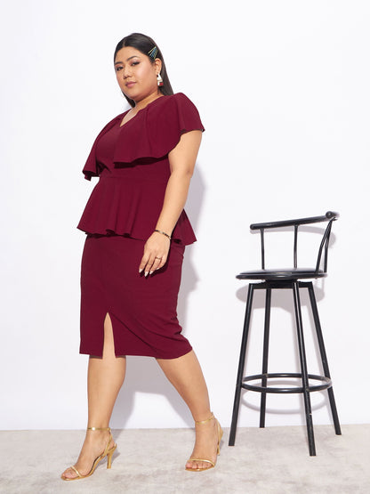 Maroon Front Peplum Detail Bodycon Dress