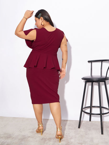 Maroon Front Peplum Detail Bodycon Dress
