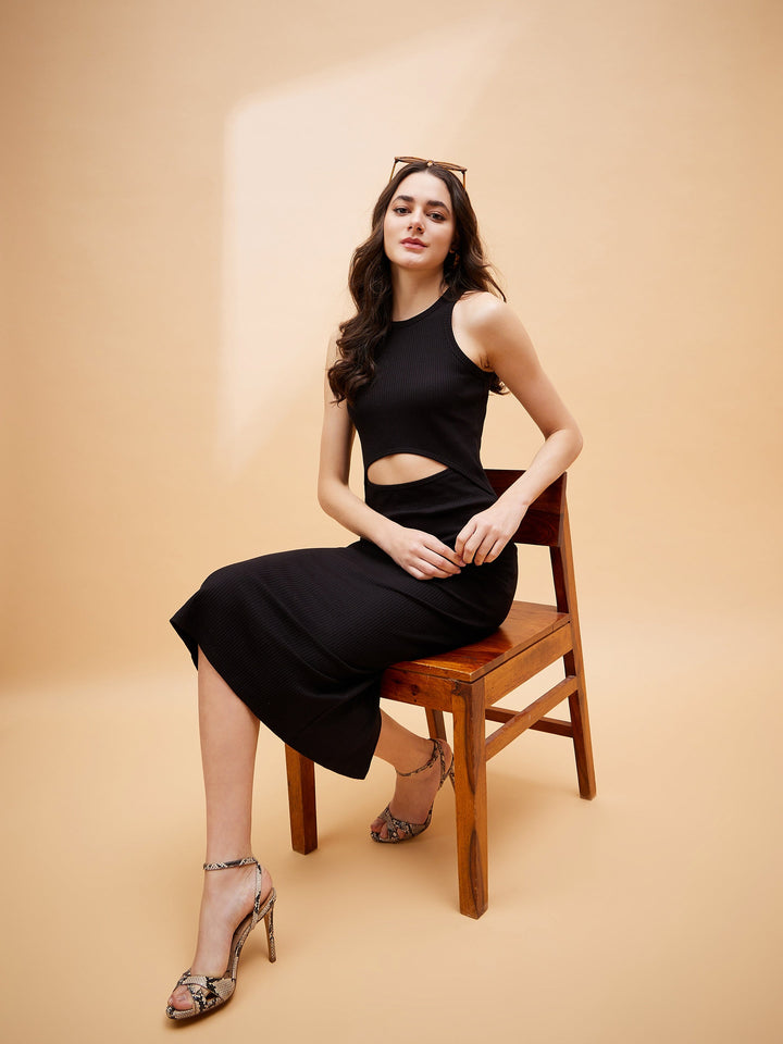 Women Black Front Cut Out Rib Midi Dress