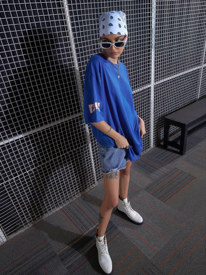 Women Royal Blue FUN Printed Oversized T-Shirt Dress