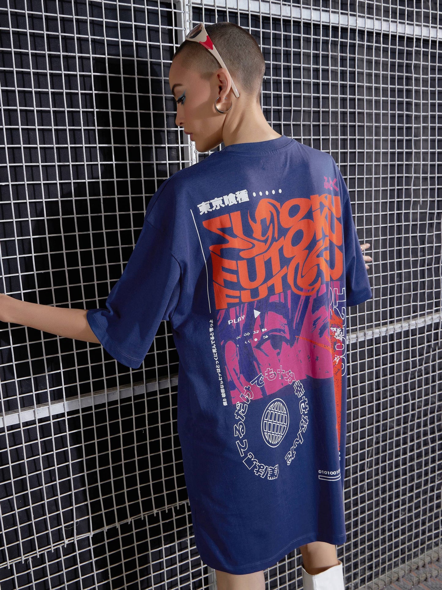Navy FUTOKU Printed Oversized T-Shirt Dress