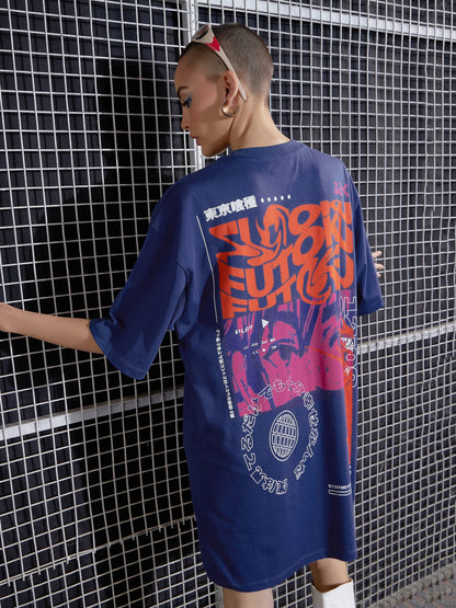 Navy FUTOKU Printed Oversized T-Shirt Dress