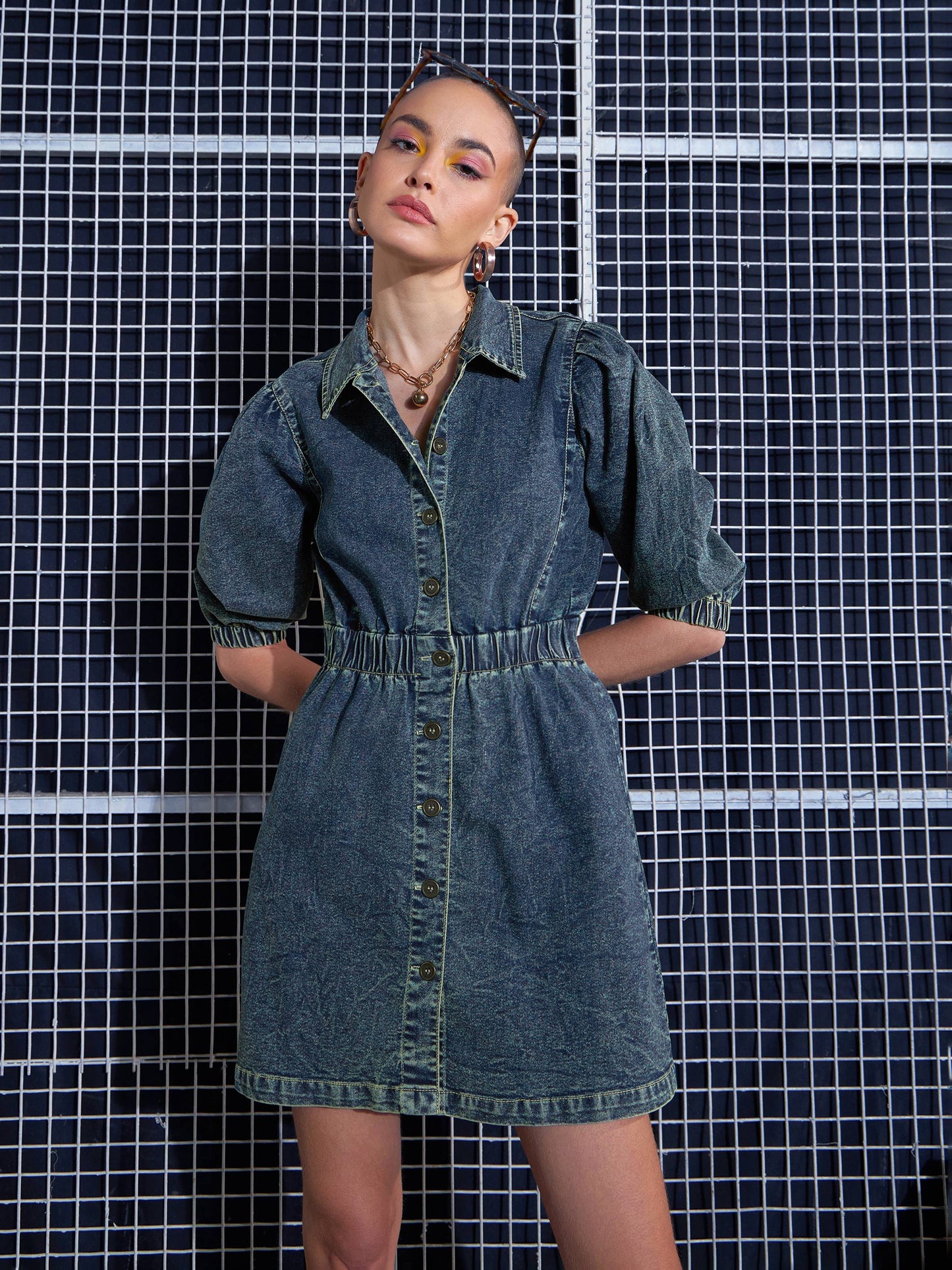 Women Green Washed Denim A-Line Shirt Dress