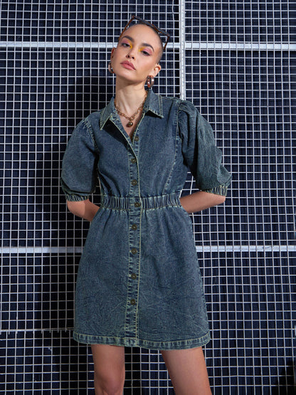 Women Green Washed Denim A-Line Shirt Dress