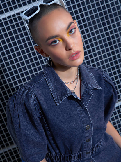 Women Blue Blast Denim A-Line Shirt Dress