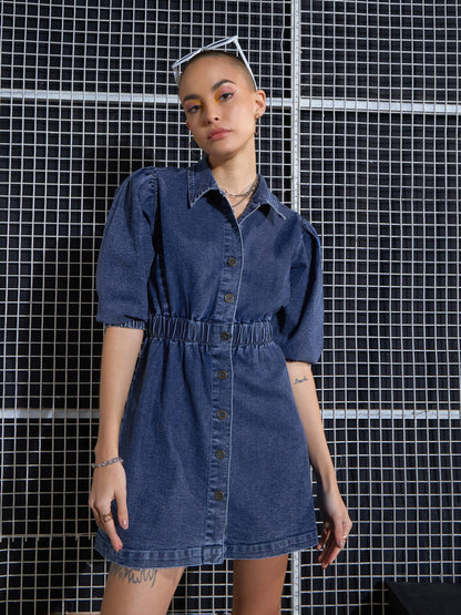 Women Blue Blast Denim A-Line Shirt Dress