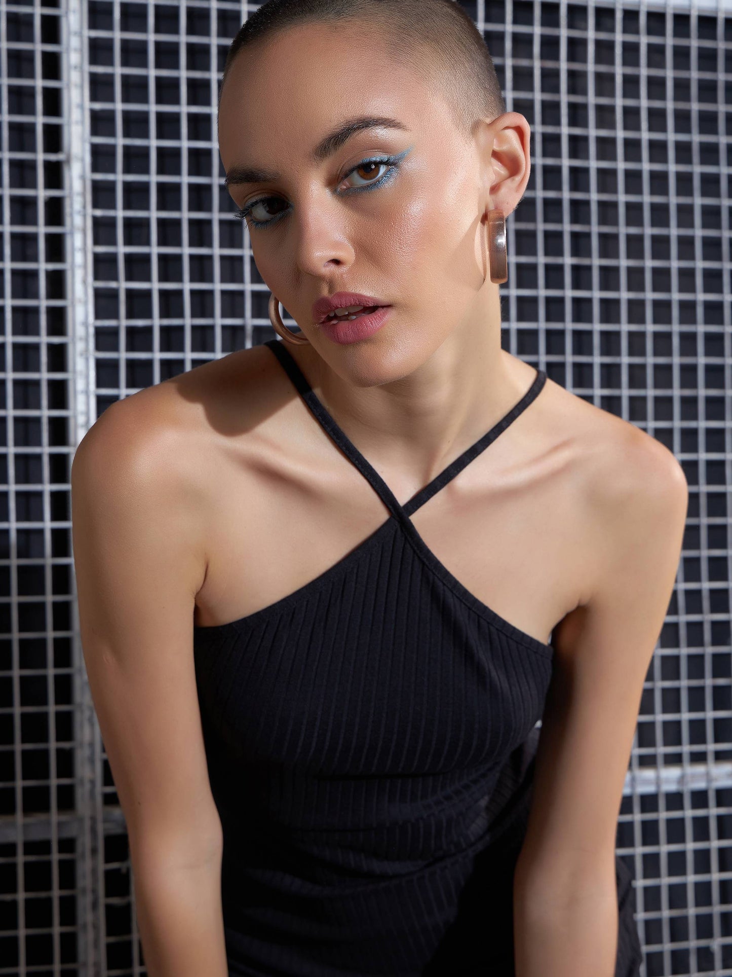 Women Black Rib Halter Neck Bodycon Midi Dress