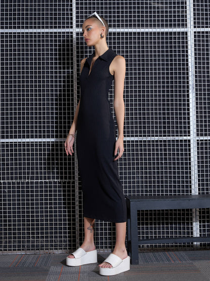 Black Rib Polo Neck Sleeveless Bodycon Midi Dress