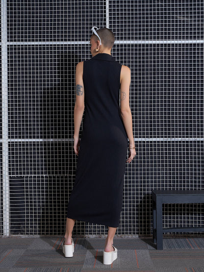 Black Rib Polo Neck Sleeveless Bodycon Midi Dress