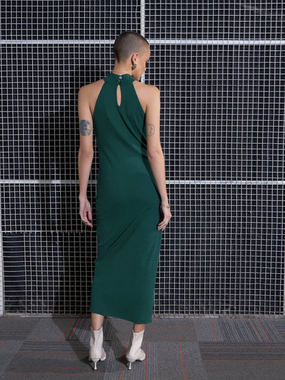 Women Emerald Rib Front Slit Bodycon Midi Dress