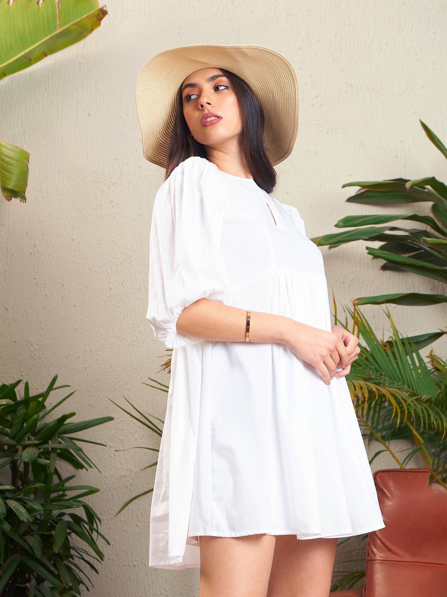 White Poplin Puff Sleeves Gathered Dress