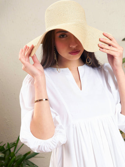 White Poplin Puff Sleeves Gathered Dress