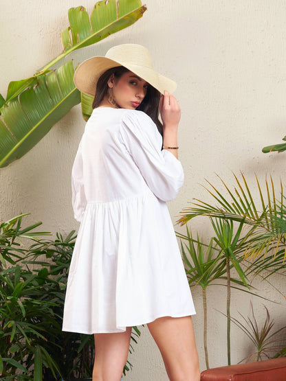 White Poplin Puff Sleeves Gathered Dress