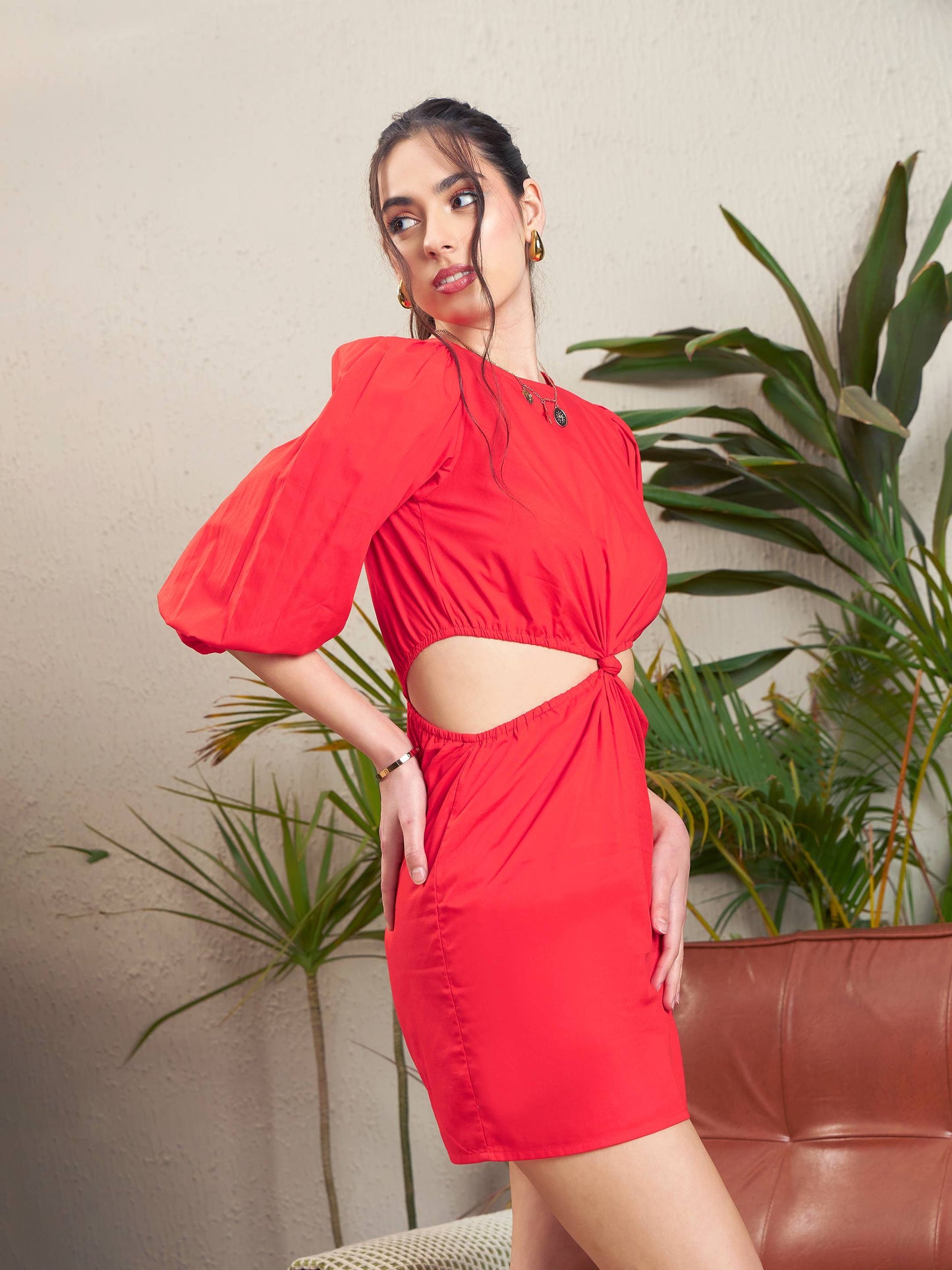 Red Poplin Side Cut-Out Short Dress