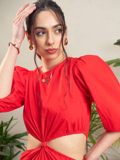 Red Poplin Side Cut-Out Short Dress