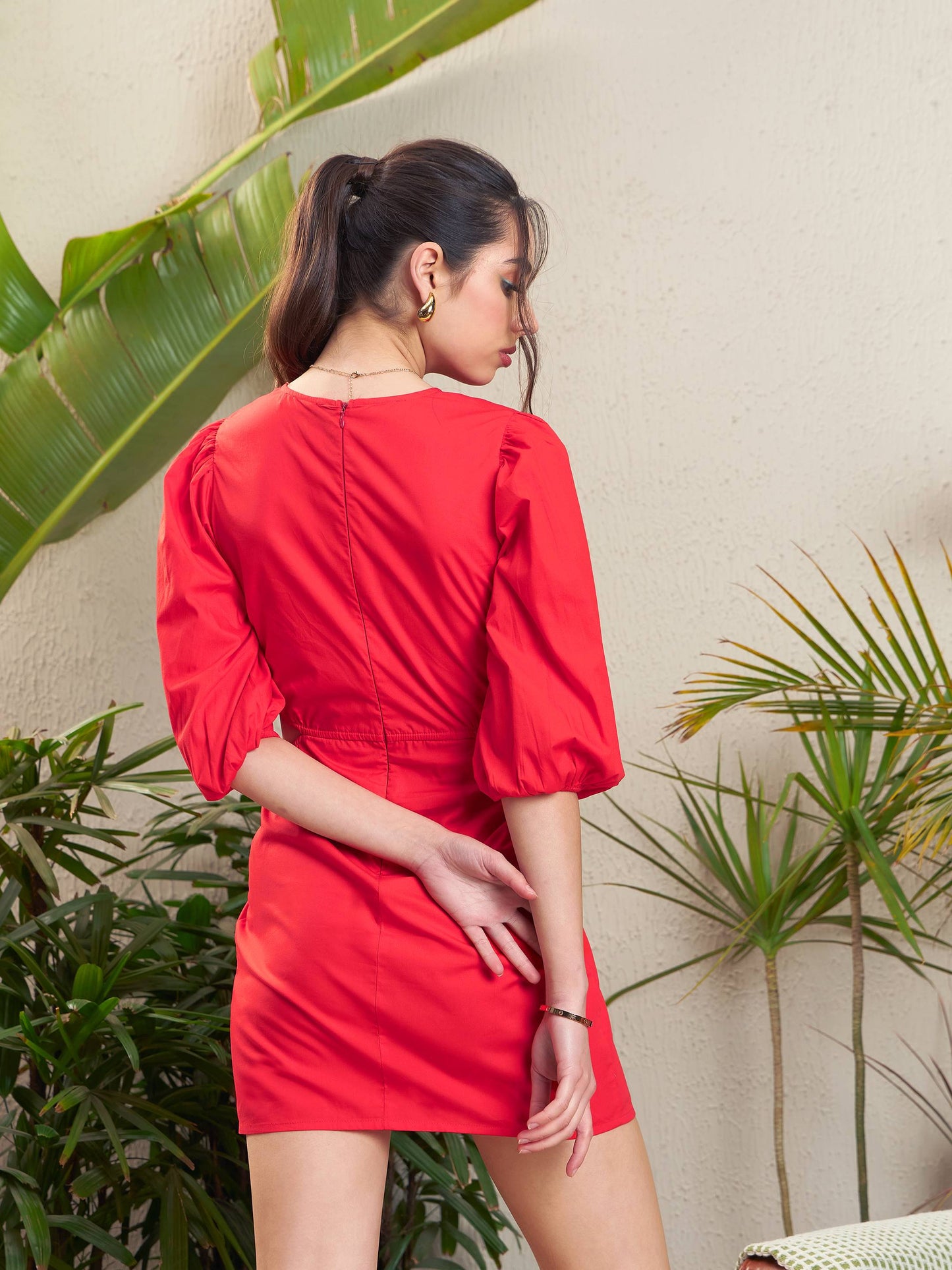 Red Poplin Side Cut-Out Short Dress