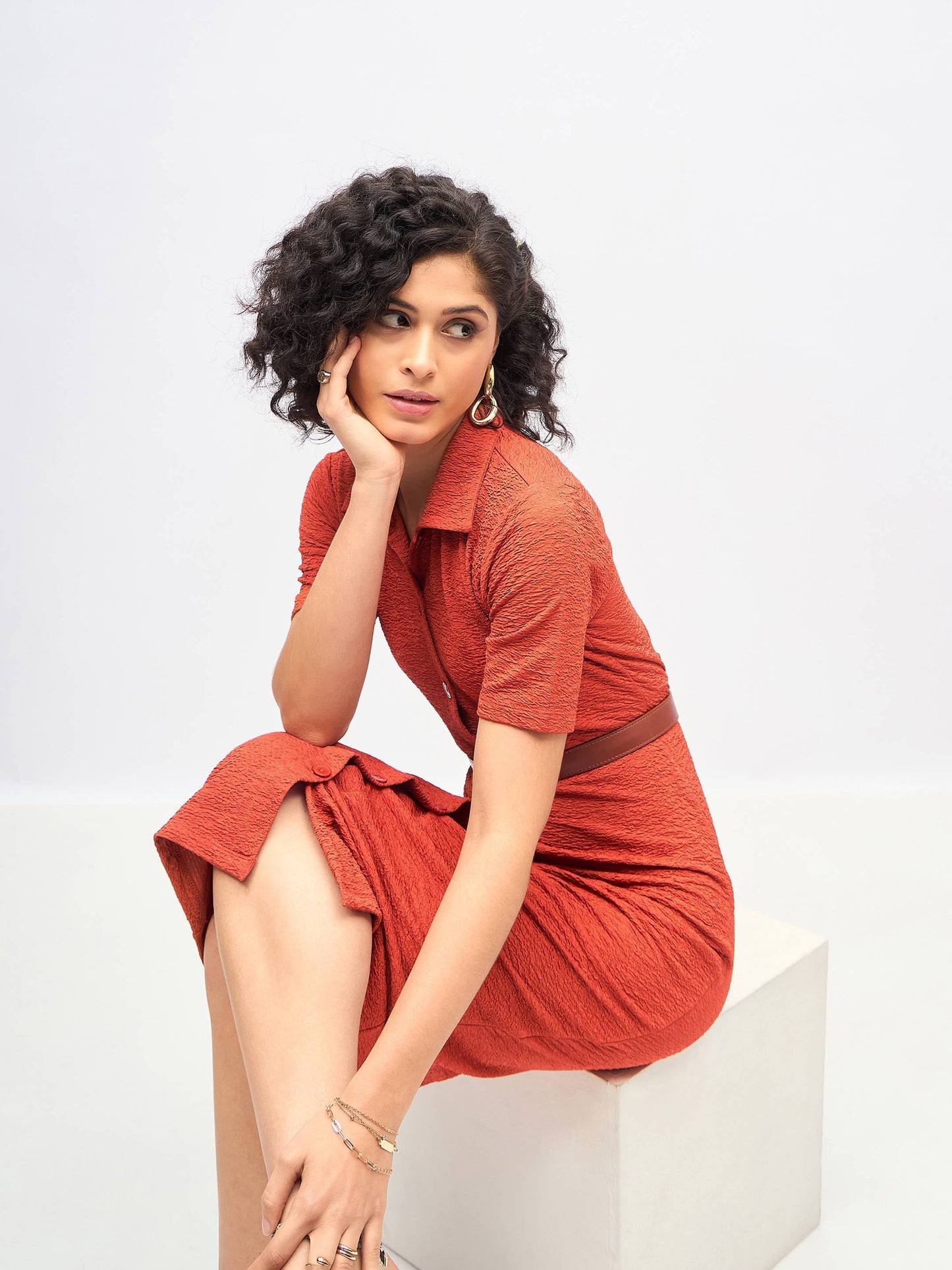 Rust Knitted Front Button Bodycon Midi Dress