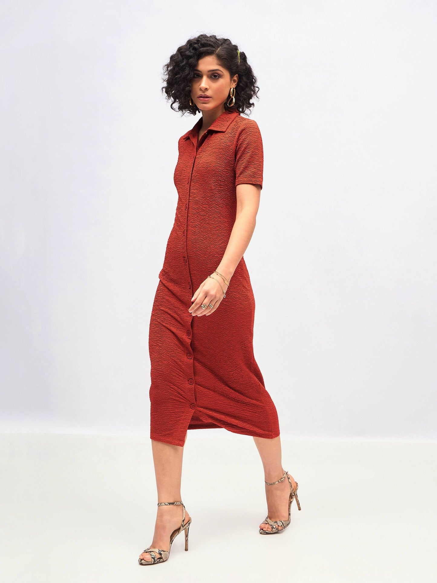Rust Knitted Front Button Bodycon Midi Dress
