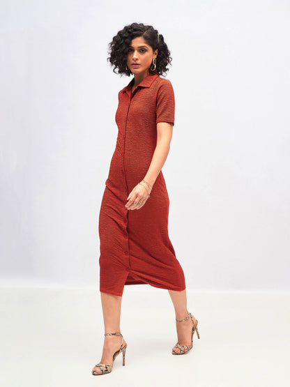 Rust Knitted Front Button Bodycon Midi Dress