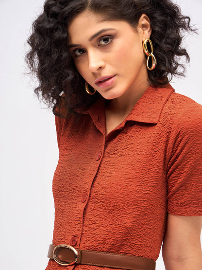 Rust Knitted Front Button Bodycon Midi Dress