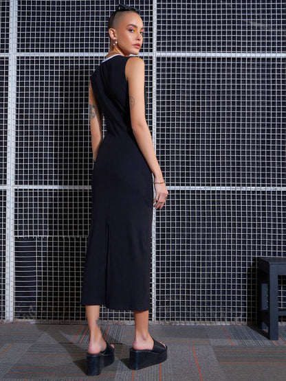 Black Rib Contrast Binding Back Slit Midi Dress