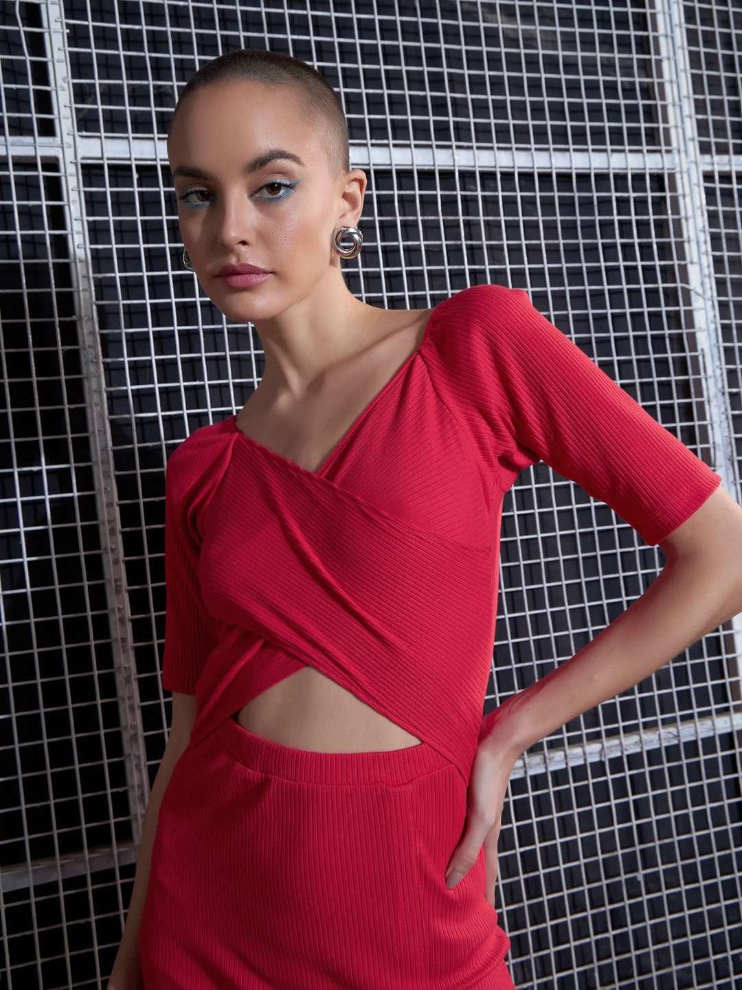 Red Side Slit V-Neck Rib Midi Dress