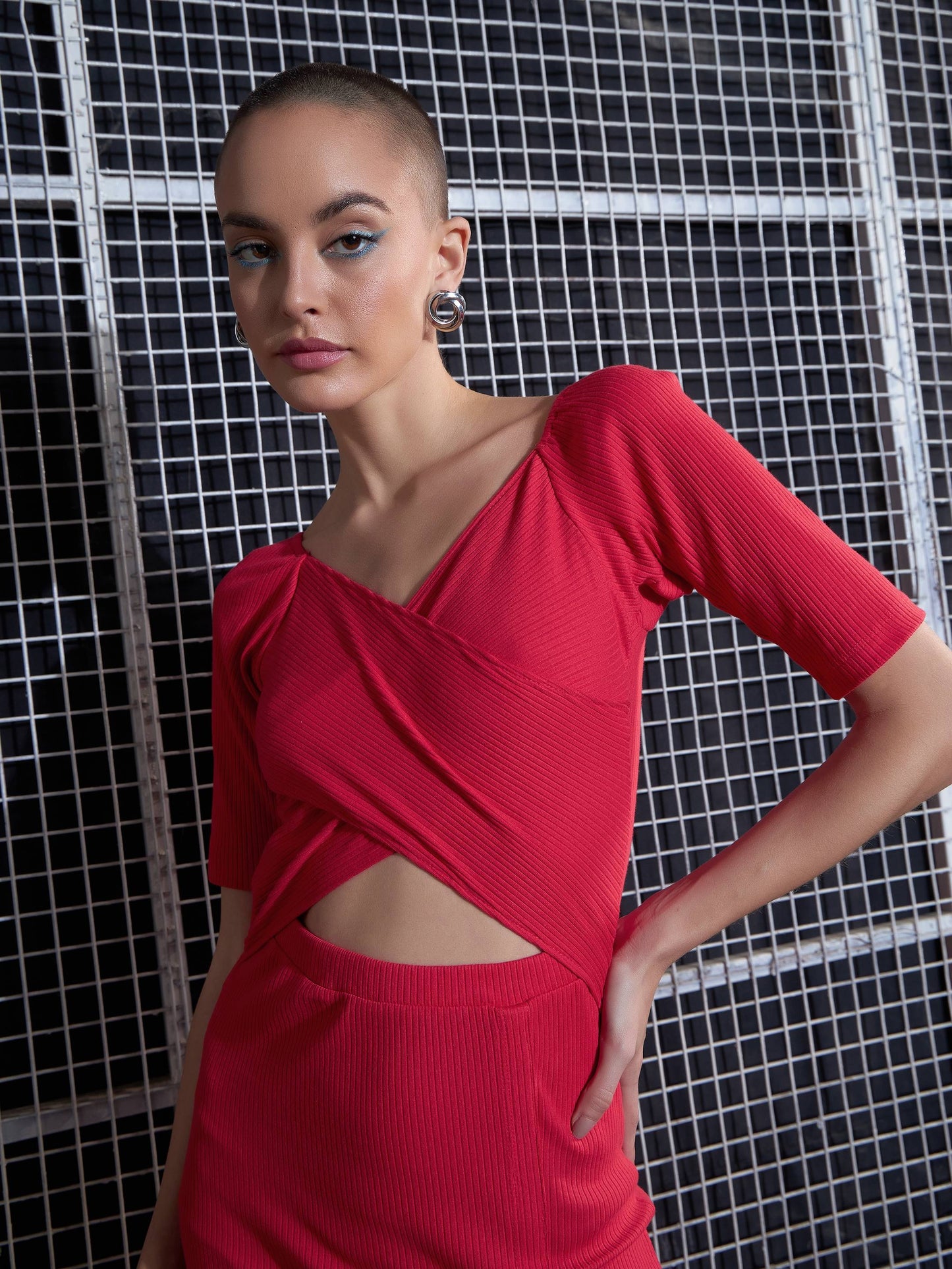 Red Side Slit V-Neck Rib Midi Dress