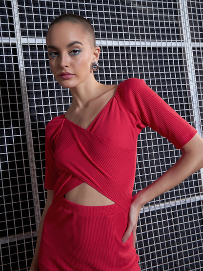 Red Side Slit V-Neck Rib Midi Dress