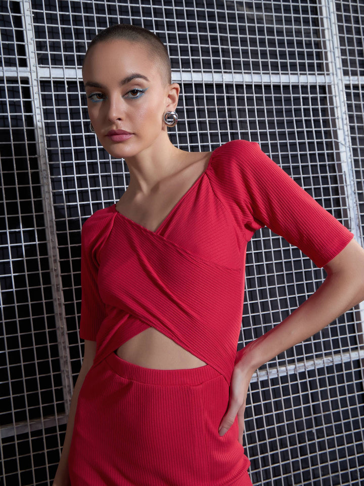 Red Side Slit V-Neck Rib Midi Dress
