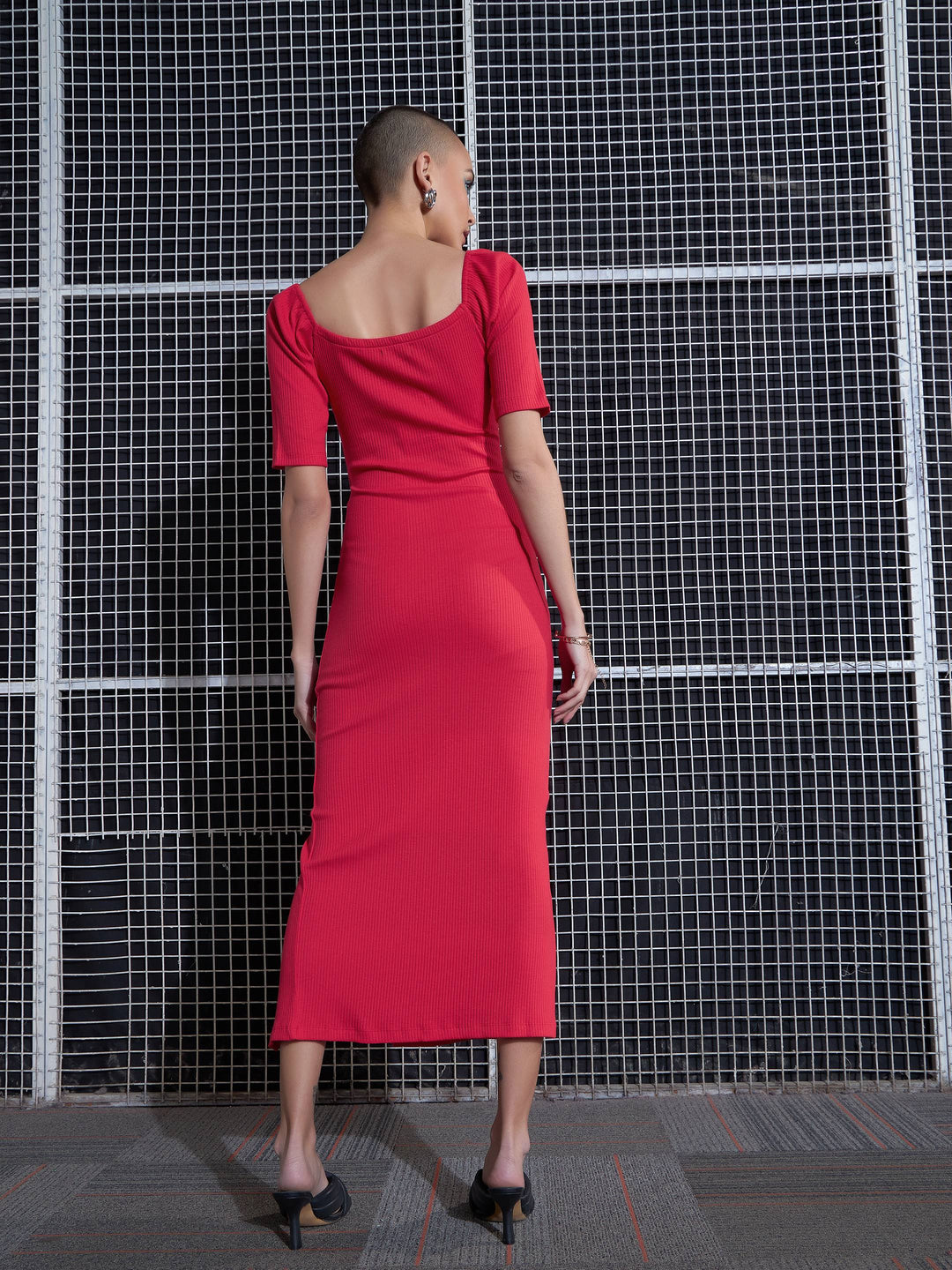 Red Side Slit V-Neck Rib Midi Dress