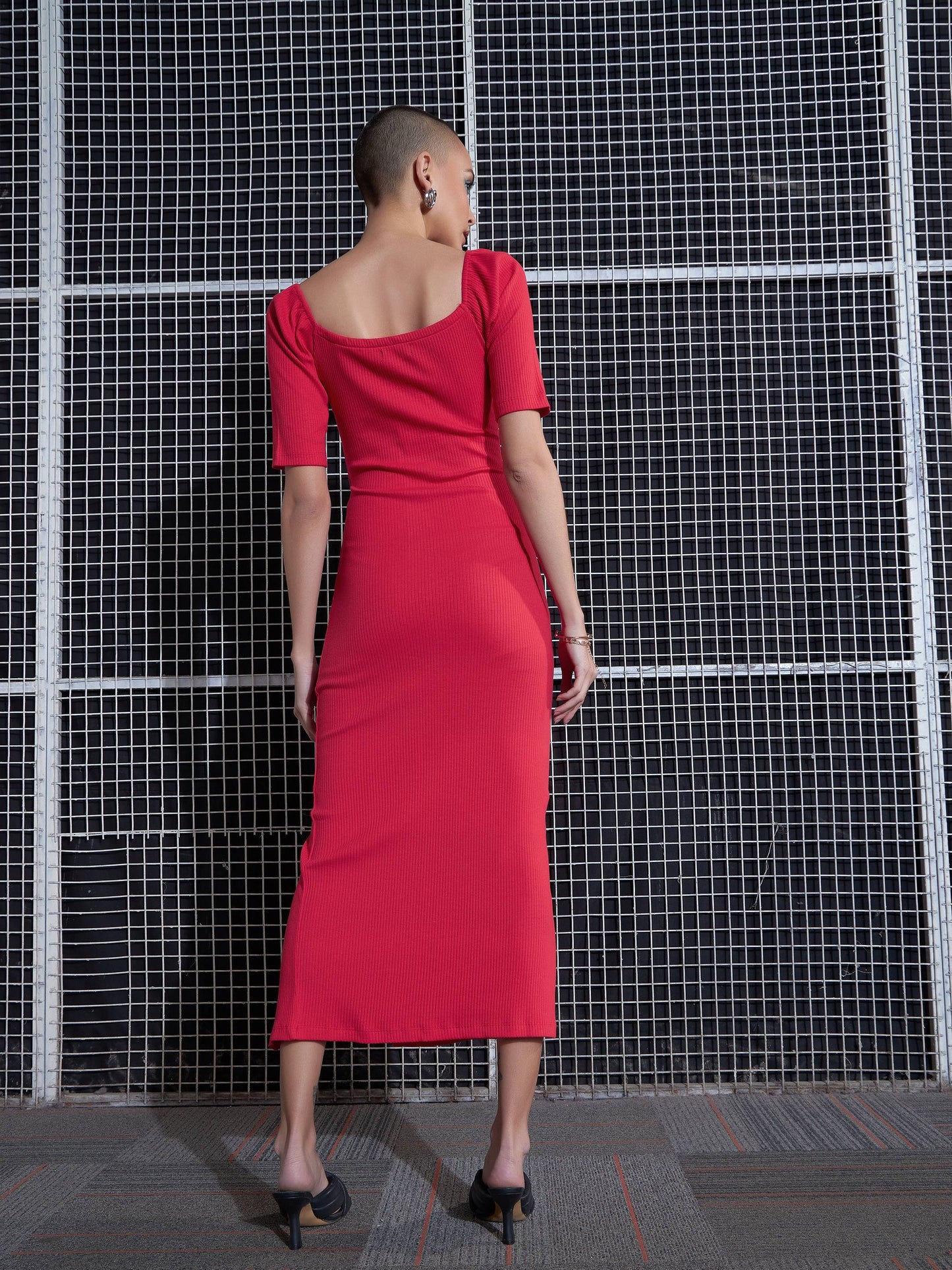 Red Side Slit V-Neck Rib Midi Dress