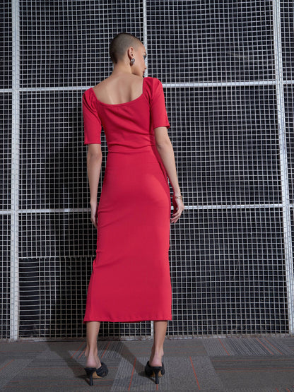 Red Side Slit V-Neck Rib Midi Dress