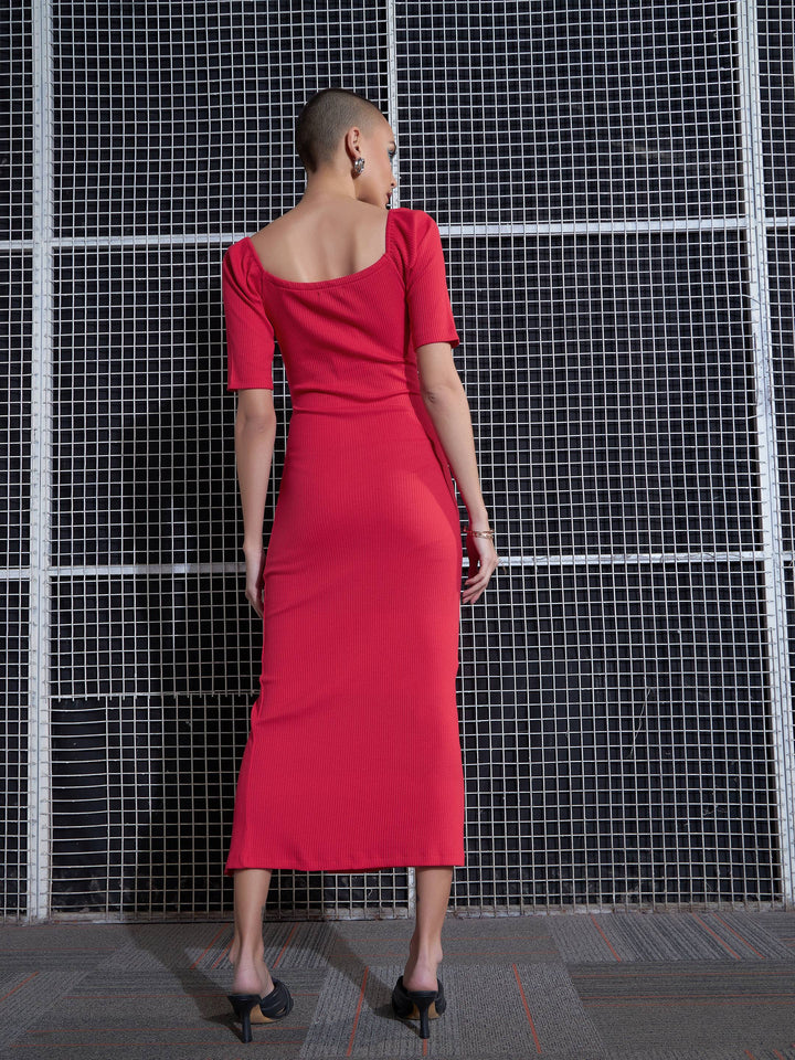 Red Side Slit V-Neck Rib Midi Dress