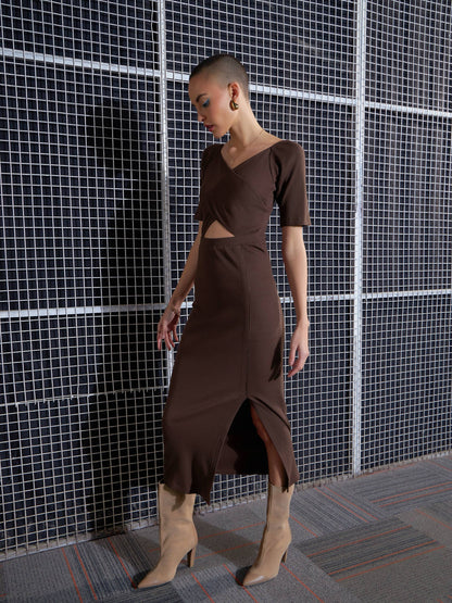 Brown Side Slit V-Neck Rib Midi Dress