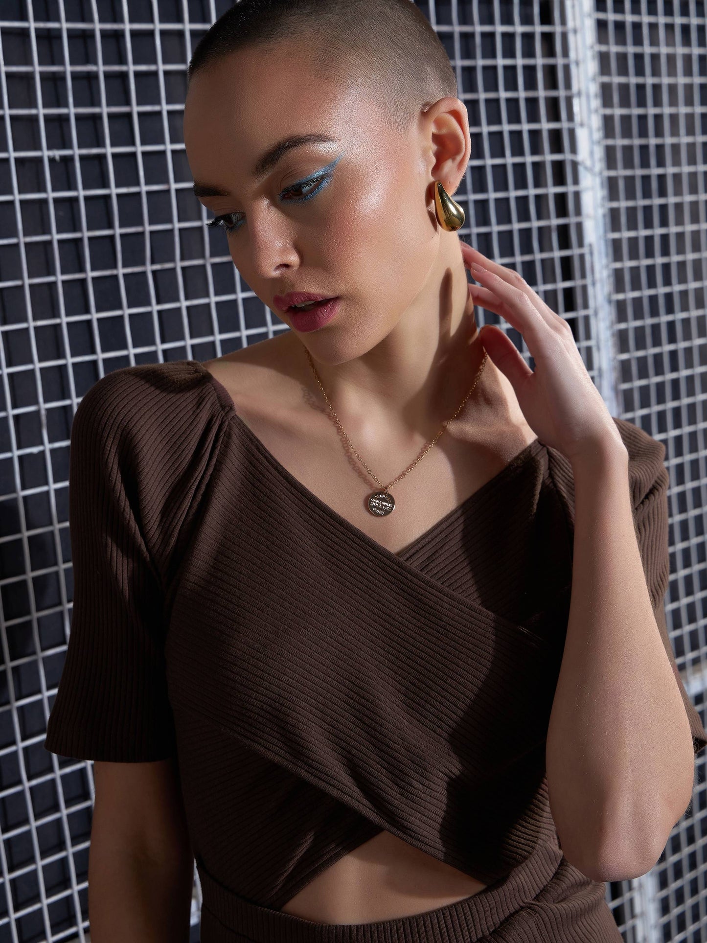 Brown Side Slit V-Neck Rib Midi Dress