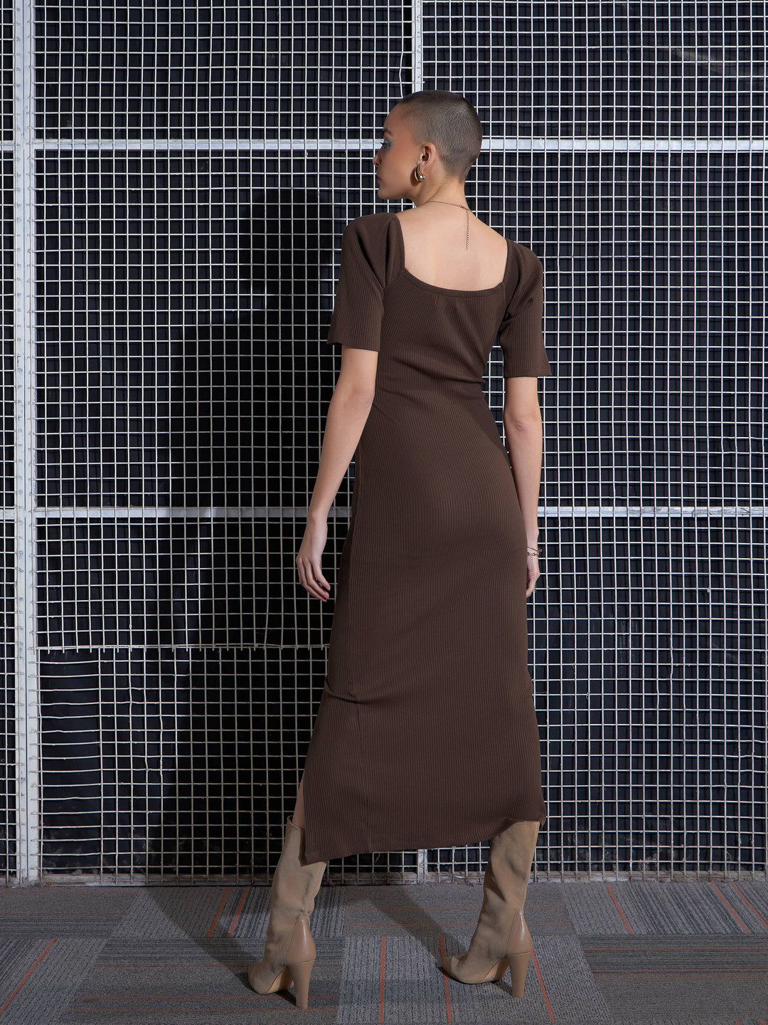 Brown Side Slit V-Neck Rib Midi Dress