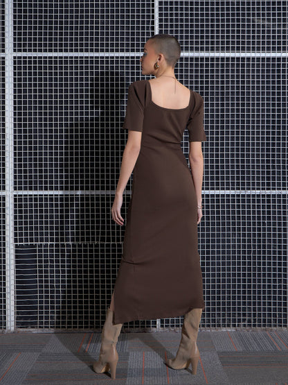 Brown Side Slit V-Neck Rib Midi Dress